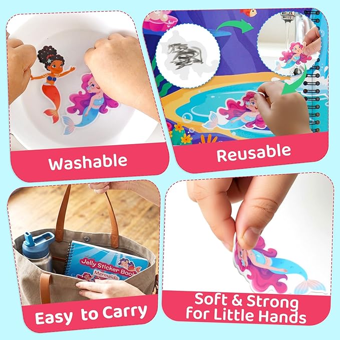 Reusable Sticker Book – Mermaid Princess Dress Up, 75 Jelly Stickers, 7 Scenes - Mermaid Toys for Girls 3-5, Travel & Road Trip Toys - Sticker Activity Book for Toddler Girls 1-3 2-4