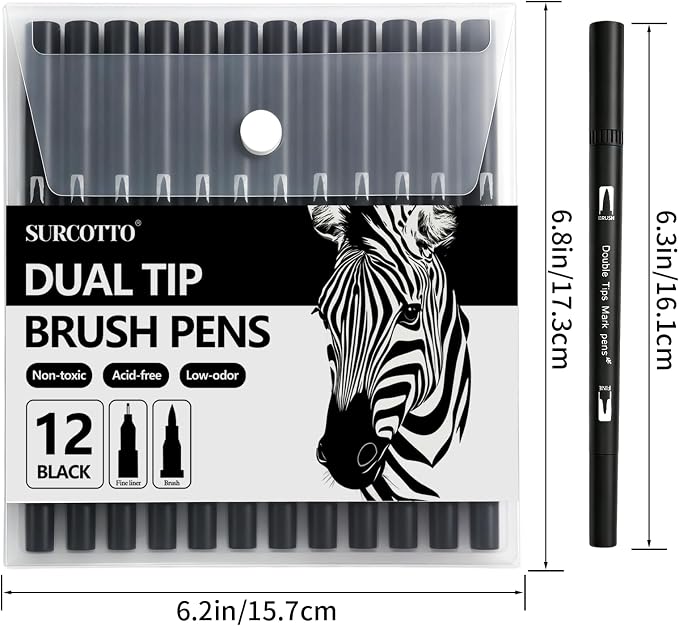 Surcotto Black Markers for Drawing,12 Pack Drawing Pens, Brush Pens with Felt Tips for Artists, Dual Tip Brush Fineliners Pens, Calligraphy Pens, for Art Drawing Sketching Journaling, Black