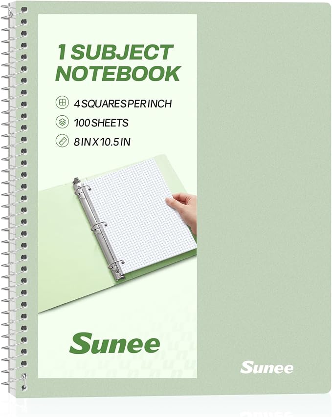 SUNEE Spiral Notebook, 1-Subject, Graph Ruled Paper, 8" x 10-1/2", 100 Sheets per Notebook, 3-Hole Punched Paper, Water Resistant Cover, Spiral Grid Notebooks for Work, Home, School, Writing, Green