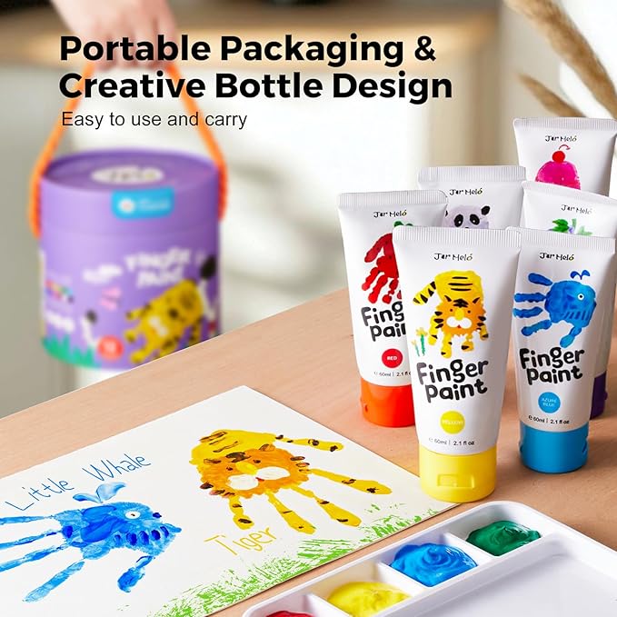 Jar Melo Washable Finger Paints for Toddlers, 10 Colors Large Capacity (2.1fl oz), Non Toxic Baby Paint for Hand and Feet, Safe Art Supplies, Preschool Learning Gifts for Kids Age 2+