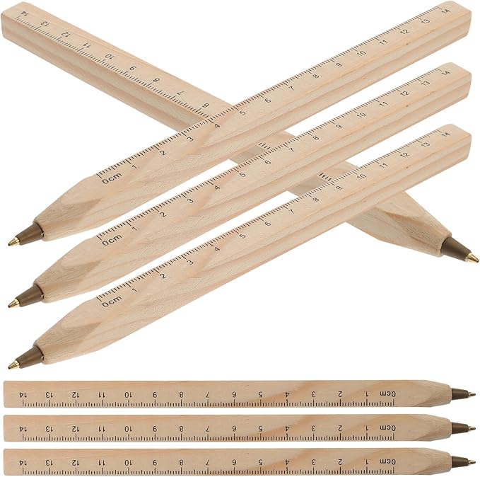 Alipis 12pcs Biodegradable Solid Wood Black Ballpoint Pens with Printed Ruler Scale, Carpenter Marking Pens for Office and School Use