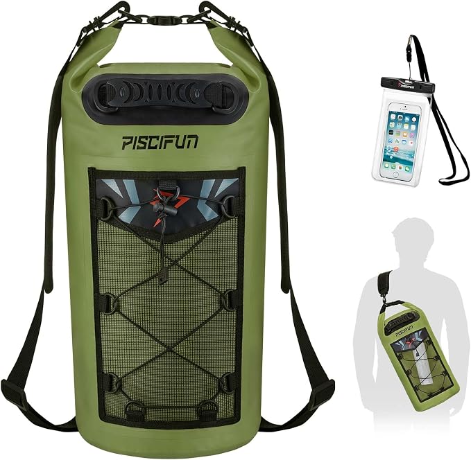 Piscifun Dry Bag, Waterproof Floating Backpack 10L/20L/30L/40L | Waterproof Phone Case, Adjustable shoulder straps, Roll-top closure keeps gear dry, Ideal for Boating, Kayaking, Fishing
