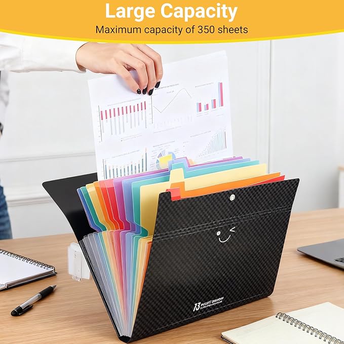 2PCS Expanding File Folder with 13 Pockets, Accordion A4 File Organizer with 160PCS Labels, Plastic Portable Receipt Paper Bill Document Organizer for School Office Supplies (Black)