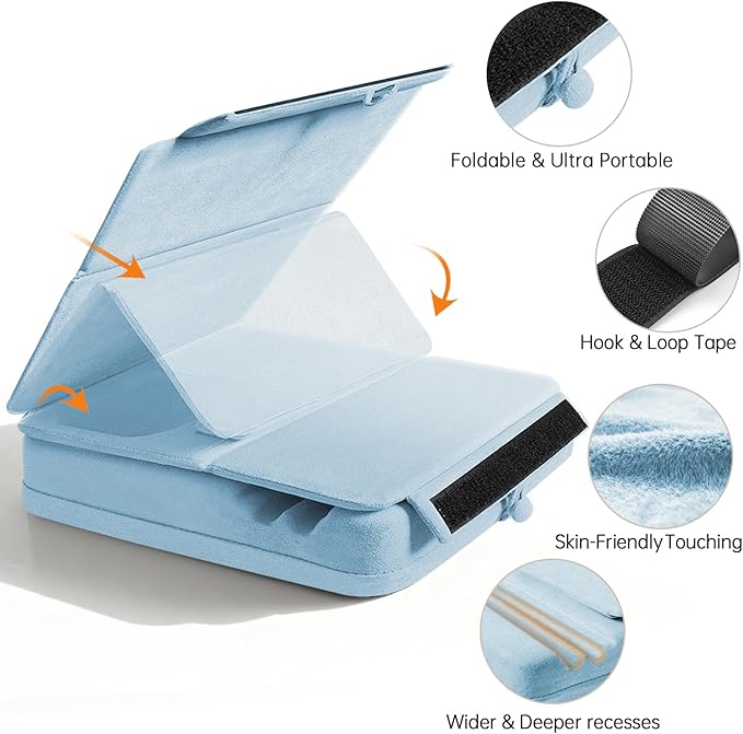Tablet Pillow Stand with Storage, Foldable iPad Holder for Lep, Bed, Sofa, and Desk - Soft Pad Dock with Pocket and Stylus Mount Compatible with 4-13" iPad Pro/Air/Mini, Galaxy Tab, Kindle