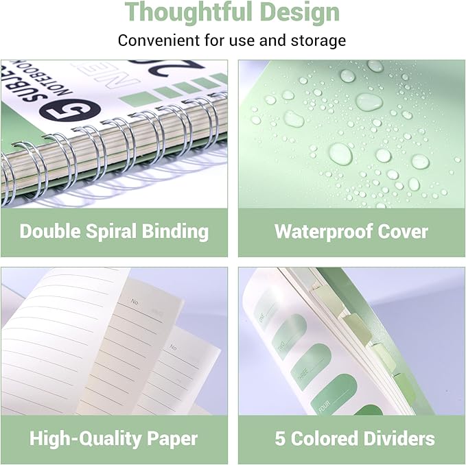 FLYING EAGLE Small Spiral Notebook 5 Subject Notebook Wide Ruled with Dividers Tabs Waterproof Plastic Cover Thick Paper Notebooks for Work School, 7x10 Green