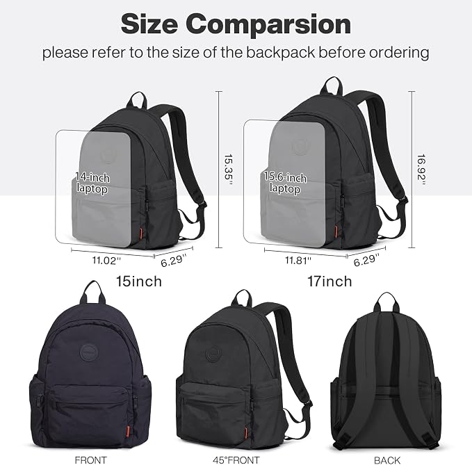 mixi 17 Inch Casual Travel Daypack, Lightweight Laptop Backpack, Black | Ultra Light Backpack, Fits 15.6in Laptop, Water/Oil/Stain Resistant, Anti-Theft Pocket&Luggage Strap for College Work Hiking