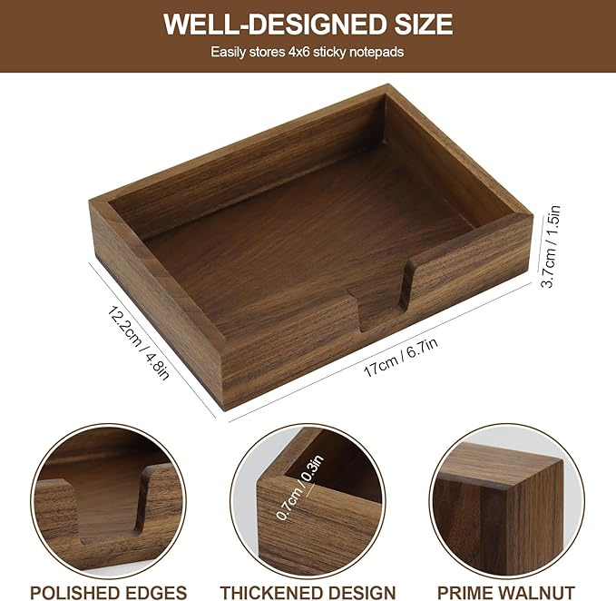 MultiBey Walnut 4x6 Inch Sticky Note Holder - Handcrafted Solid Wood Note Dispenser with Sheets, U-Shaped Easy Access Design & Non-Slip Base for Minimalist Office Desk Deco