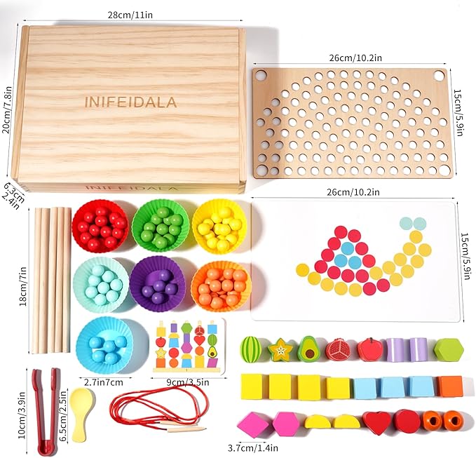 INIFEIDALA Montessori Toys for 3 4 5 Year Old,Stacking Blocks,Lacing Beads & Shape Stacker,Wooden Beads Sequencing Toy Set,Fine Motor Skills & STEM Preschool Learning Gifts for Toddlers Boys & Girls