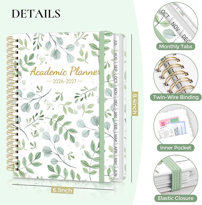KONVINIT Academic Planner 2026-2027, Green Monthly Planner 2027, 12 Months Daily Planner 2026 with Tabs for Student Teacher, A5 (6.1" x 8.5") Weekly Planner 2026-2027 for Home, Office, School Supplies