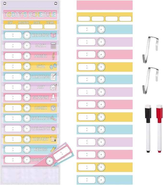 Pasimy Daily Schedule Pocket Chart for Classroom 15+1 Pockets with 31 Double Sided Reusable Cards 2 Magnetic Erasable Pens & Hangers Visual Schedule Chart School Office Home Decor (White,Pastel)