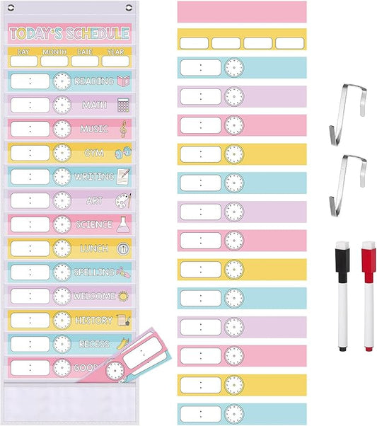 Pasimy Daily Schedule Pocket Chart for Classroom 15+1 Pockets with 31 Double Sided Reusable Cards 2 Magnetic Erasable Pens & Hangers Visual Schedule Chart School Office Home Decor (White,Pastel)