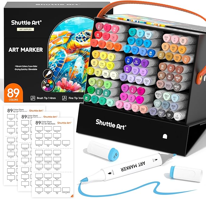 Shuttle Art Brush Tip Alcohol Markers, Dual Tip Brush & Fine Tip Art Marker Set, 89 Colors Marker Pens with Organized Case Perfect for Illustration Students Adults Coloring Sketching