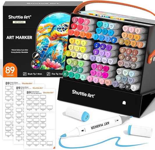 Shuttle Art Brush Tip Alcohol Markers, Dual Tip Brush & Fine Tip Art Marker Set, 89 Colors Marker Pens with Organized Case Perfect for Illustration Students Adults Coloring Sketching