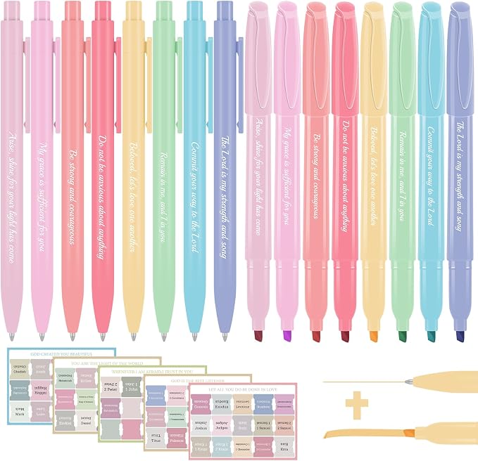 7-ackz Bible Highlighters Assorted Colors and Gel Pens Set, 8 Pastel Highlighter Markers 8 Colored Ink Gel Pens, 75 Tabs, No Bleed, Quickly Dry for Bible Study, Motivational Gift for Christians
