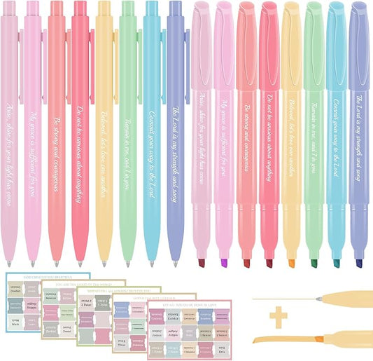 7-ackz Bible Highlighters Assorted Colors and Gel Pens Set, 8 Pastel Highlighter Markers 8 Colored Ink Gel Pens, 75 Tabs, No Bleed, Quickly Dry for Bible Study, Motivational Gift for Christians
