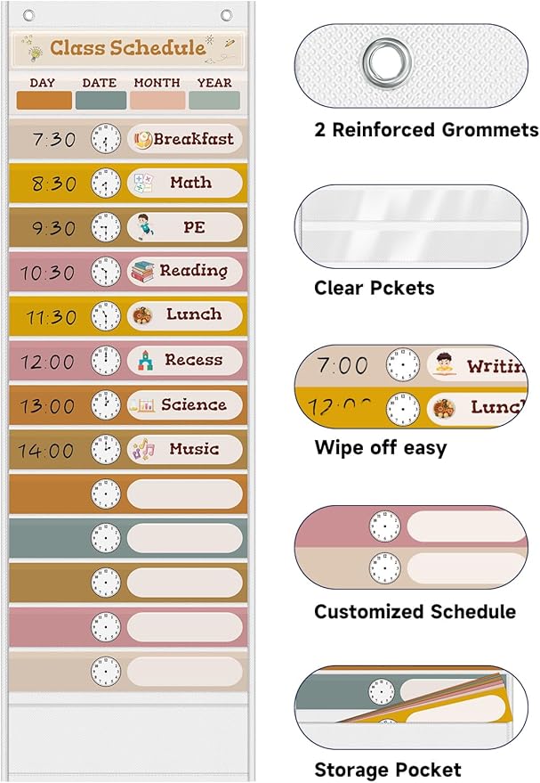 15+1 Pockets Daily Schedule Pocket Chart with 24 Double Sided Cards, Visual Classroom Schedule Pocket Chart, School Teachers Supplies for Classroom, Boho White