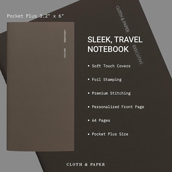 Cloth & Paper Travel Notebook | Executive Notes – Café Noir | Pocket Plus Executive Notebook 3.2" x 6" | Professional Notebook with Date, Day & Subject Layout for Meetings & Work – Soft Touch Cover