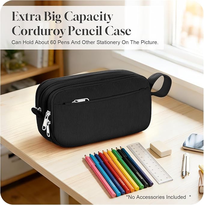 TESAFNG Corduroy Pencil Case, Large Capacity Pencil Pouch with 4 Compartments, Cute Soft Aesthetic Stationery Pen Bag Organizer with Zipper, Portable School Supplies for Teen and Adult Girls, Black