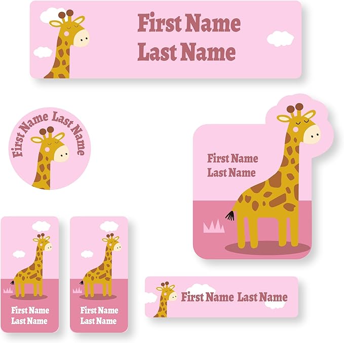 Personalized Kids Name Labels – Waterproof Custom Stickers for Daycare & School, Dishwasher & Laundry Safe (Giraffe - Pink)