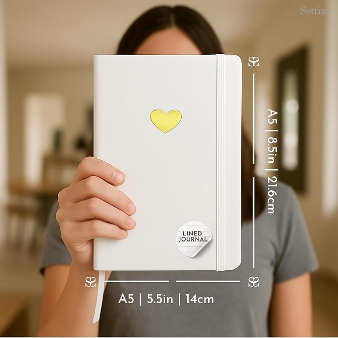 SETTINI Lined Journal, Ideal for Journaling - A5 Vegan Leather Notebook, 192 Archival-Quality Pages, QuillEase Bleed-Free Paper, Inner Pocket & Bookmark - White Heart
