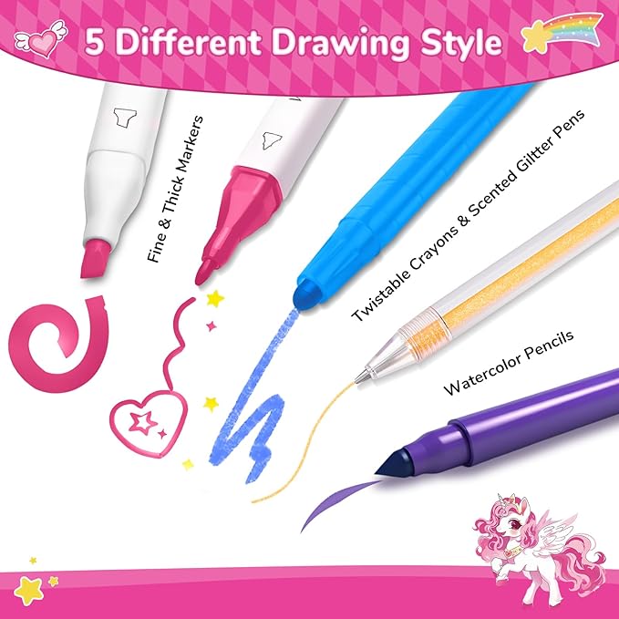 70 PCS Unicorn Arts and Crafts for Girls Ages 4-6-8, Art Supplies Set with 3D Rainbow Glitter Pencil Case, Washable Dual Markers, Scented Gel Pens, Twist-up Crayons & Unicorn Stickers, Birthday Gift