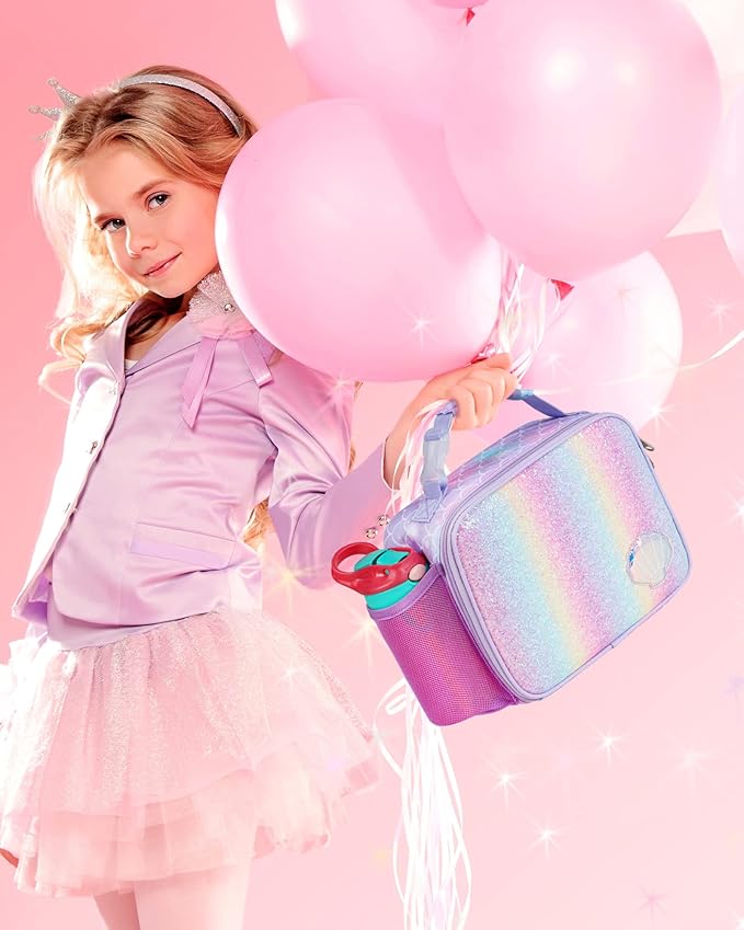 Bagseri Kids Lunch Bag Girls - Thermal Insulated Lunch Box Tote with Water Bottle Holder, Reusable Leak-Proof Kids Lunch Box for Daycare & School, Glitter Purple Mermaid (Containers Not Included)