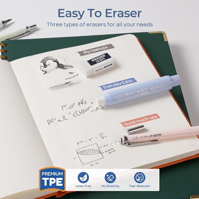 Nicpro Cute Mechanical Pencil Set, 4PCS 0.7mm Pastel Drafting Pencils | 4 Tube HB Lead Refills, 4B Erasers, Rotary Retractable Eraser and Eraser Refill for Writing Sketching Back to School Supplies