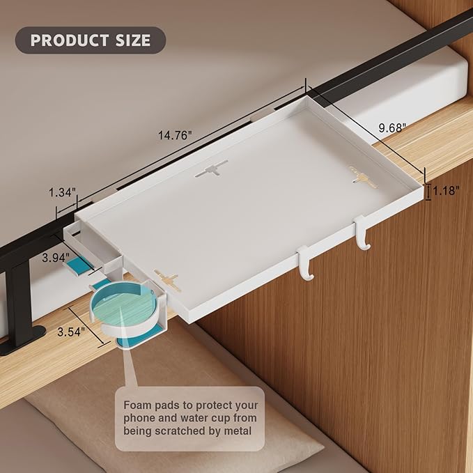 Magheo Bedside Shelf Foldable, Metal Clip-On Bed Shelf for Top Bunk Heavy Duty Bed Side Table Tray for College Dorm Essentials, Loft Nightstand Organizer Tray with Removable Cup & Phone Holder(White)