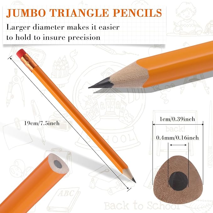 Fainne 102 Pieces Jumbo Pencils Set for Kids Toddlers 96 Thick Fat Large Pencils with Erasers 6 Sharpeners Bulk for Preschool Kindergarten Elementary School Classroom(Orange, Gold,Triangle)