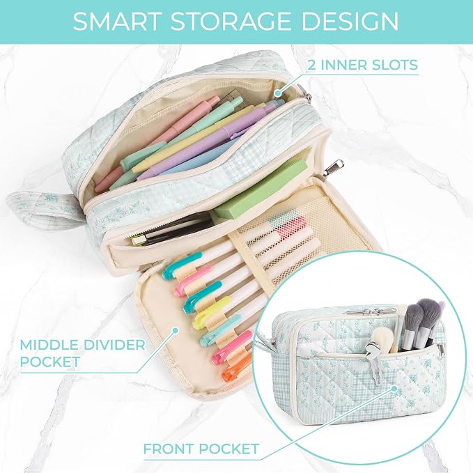 WOBAGMEN Quilted Pencil Pouch for Women, Large Capacity Pencil Case with Compartments, Cute Aesthetic Pencil Organizer, Floral Stationery Pouch（Green Floral Patchwork）