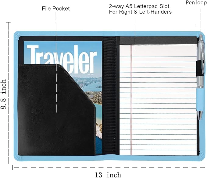 Padfolio/Portfolio Binder, Mini Padfolio Portfolio Binder 5 x 8 Legal Writing Pad, A5 Document Organizer Folder for Men Women, Sky Blue.