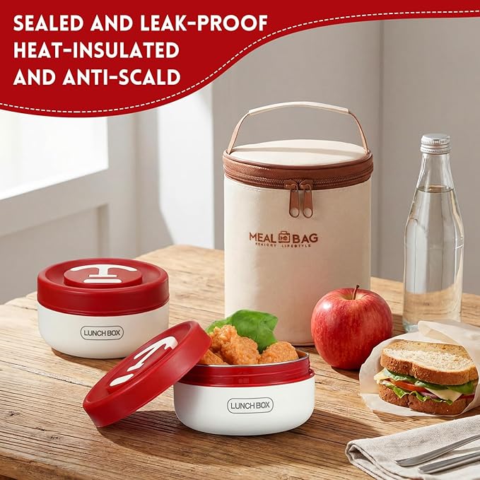 Dandat 2 Pcs Portable Insulated Lunch Containers Thermal Bento Box with Bag Fork Knife Microwavable Stainless Steel Lunch Box 15.2 oz 21 oz Separate Stackable Food Jar for Adult Men Women(Red)