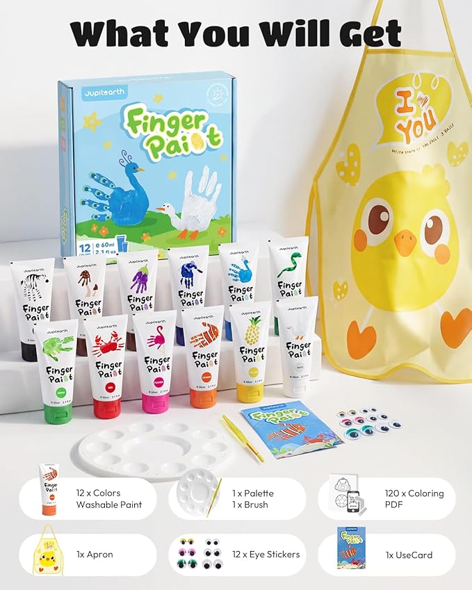 JUPITEARTH 28 PCS Finger Paint, Washable Paint for Todllers 1-3, Non-Toxic 12 Vibrant Colors (2.1fl oz/60ml ) , Palette, Apron, Brush, Eye Stickers, Baby Safe Paints for Hand and Feet, Safe Preschool Art Supplies for Kids