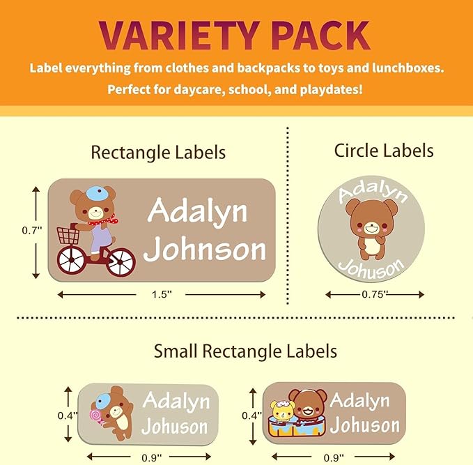 Custom Personalized Name Labels for Kids-(200-1000Labels) Waterproof Name Stickers Tags for School&Daycare,Clothing Tags,Washable&Durable Labels for Lunch Boxes, Bottles,Toys&GEA (Bear)
