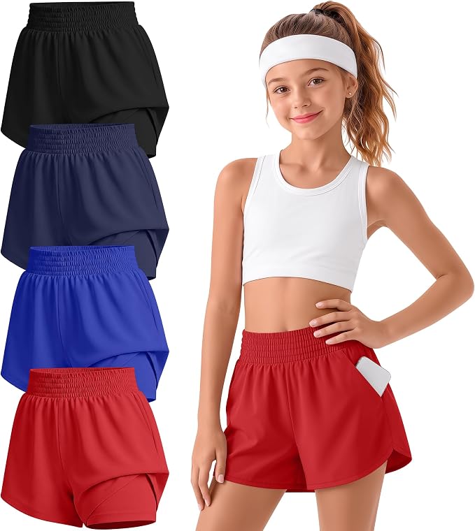 4 Pack Girls Athletic Shorts 2 in 1 Quick Dry High Waist Tween Shorts with Liner Kids Back to School Running Shorts