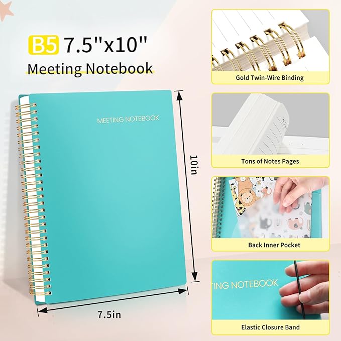 SUNEE Meeting Notebook for Work with Action Items - 160 Pages, B5 Size Project Planner, Spiral Meeting Agenda/Minutes Notebook Organizer for Women Men, Note Taking, Office & Business, 7.5"x10", Teal