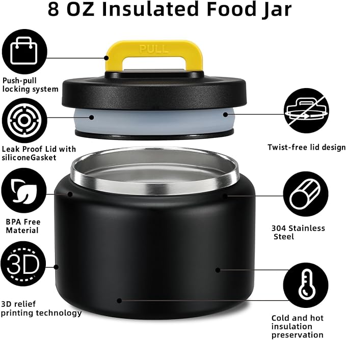 JXXM 8 Oz Thermo Food Jar for Hot & Cold Food for Kids, Insulated Lunch Containers Hot Food Jar,Leak-Proof Vacuum Stainless Steel Wide Mouth Lunch Soup Thermo for School (Black-Pure)