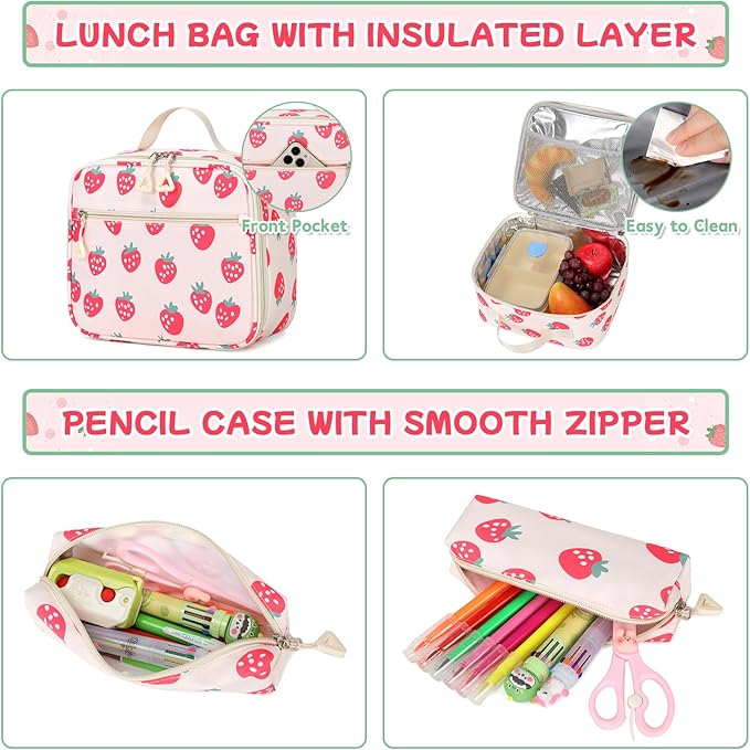 PIG PIG GIRL Backpack for Girls 3pcs Set Kids Backpack with Lunch Box Students Kawaii Book Bag for Elementary Primary Middle School Bags - Ita Backpack - Strawberry