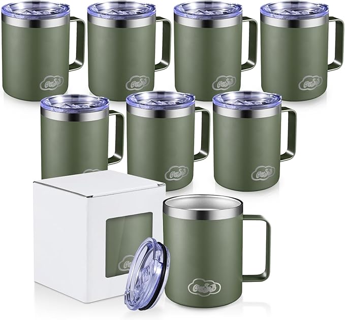 12oz Insulated Coffee Mug with Handle, Stainless Steel Wide Mouth Travel Tumblers with Lid, Double Wall Vacuum Coffee Cup for Camping, Office, Army Green 8 Packs