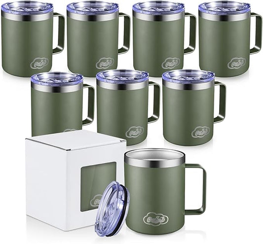 12oz Insulated Coffee Mug with Handle, Stainless Steel Wide Mouth Travel Tumblers with Lid, Double Wall Vacuum Coffee Cup for Camping, Office, Army Green 8 Packs