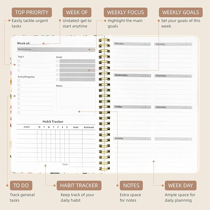 Weekly Planner Undated - 52 Weeks To Do List Notebook A5 for Work: Weekly Task, Habit Tracker Journal, Goal Setting, Agenda Sprial Bound Organizer Book Women Cute Stylish Design, Floral