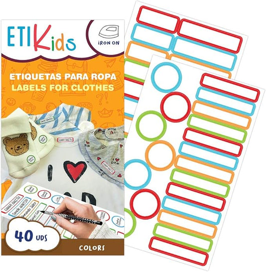 ETIKIDS 40 Writable Fabric Clothing Labels for School and Nursery, Colorful, Customizable, Washable, Iron-on, for Kids, Newborns, and Adults, Diverse Sizes, Colored Borders