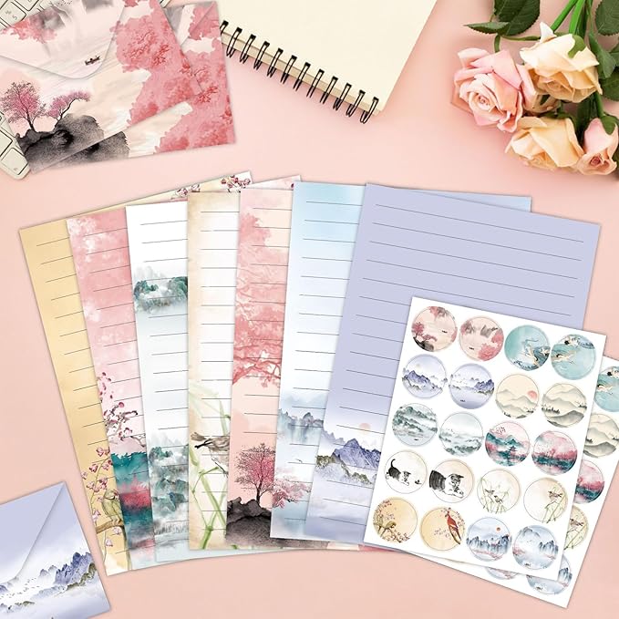 160 Pcs Stationery Paper Envelopes Set Includes 50 Lined Writing Paper & 50 Envelopes with 60 Colorful Round Dot Stickers, Ink Painting Letter Writing and Stationery Paper Envelopes(10Style)