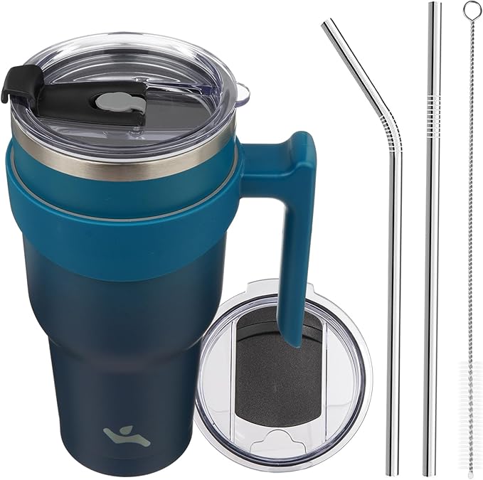 Konokyo 40 oz Tumbler with Handle and 2 Straw 2 Lid, Insulated Water Bottle Stainless Steel Vacuum Cup Reusable Travel Mug,Indigo Black