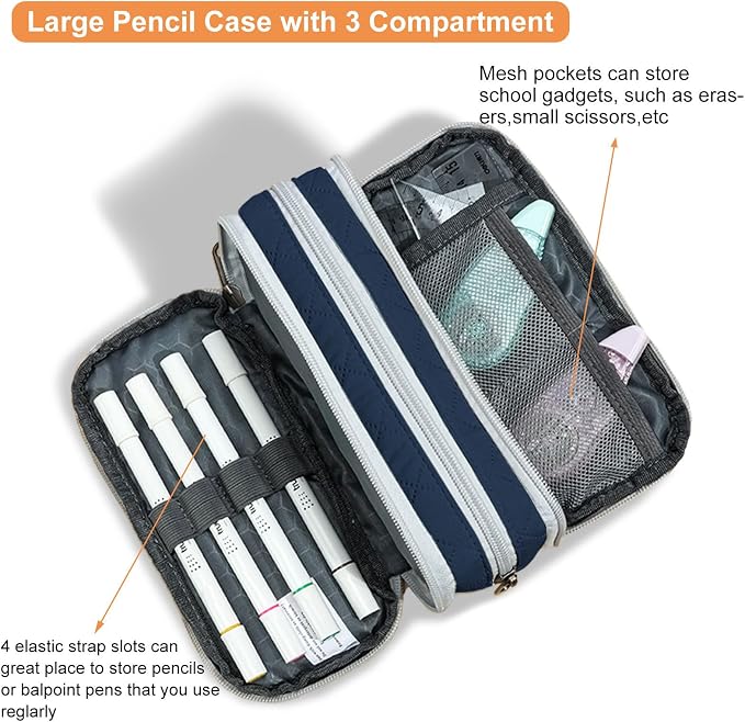 Della Gao Large Pencil Case, Big Capacity Pencil Pouch with 3 Compartments | Office Pencil Bag with Zipper, Big Pen Case for Adults (01-3SLLG)
