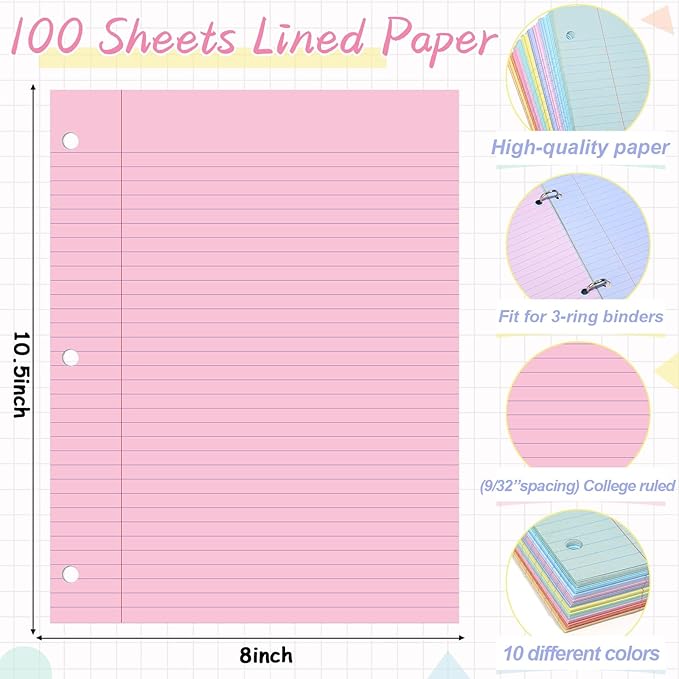 gisgfim 100 Sheets Loose Leaf Binder Paper, 8" x 10.5" Colored College Ruled Paper, 3 Hole Punched Lined Refill Inserts Thicken for 3-Ring Binders Notebooks Planner Writing School Office (Pastel)