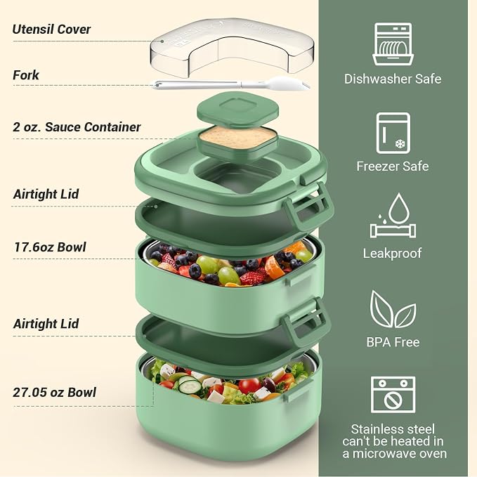 PEDECO Double-Layer Bento Lunch Box for Kids & Adults with Removable Stainless Steel Dividers,Dressing Container,BPA-Free,Dishwasher Safe - Includes Utensil,(Green,Non-Insulated)