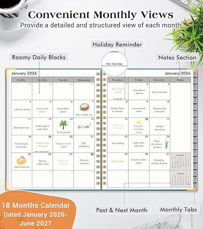 Planner 2026-2027, 18 Months Weekly and Monthly Hardcover Planner, January 2026 - June 2027, 5.75" x 8.38" A5 Daily Calendar Planner Book with Tabs, Spiral Yearly Agenda Organizer Notebook for School Work Home, Blue