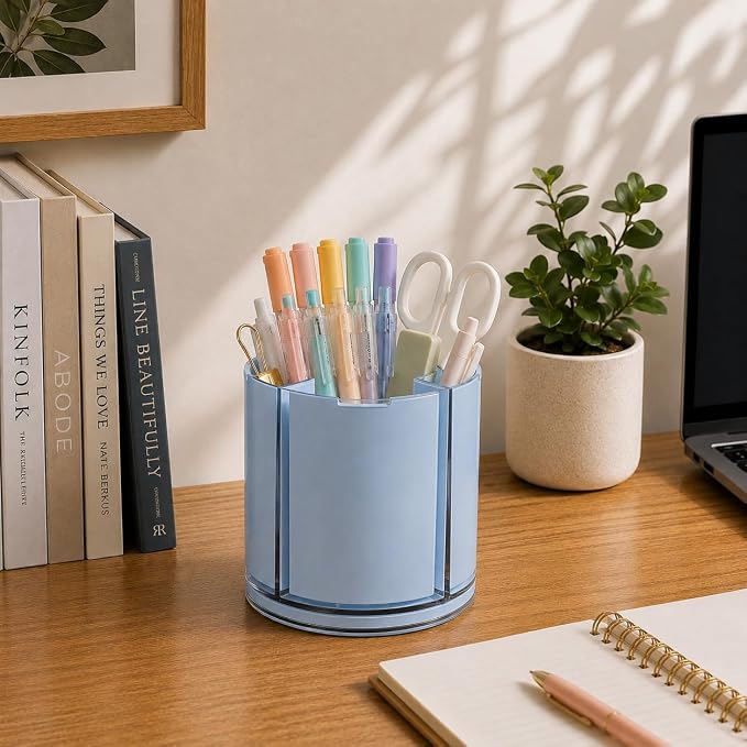 360° Rotating Pen Holder for Desk Adjustable Pencil Organizer, Blue | Plastic Pen Cup for Women Cute Office Supplies and Accessories Desktop Storage Box Art Caddy for School, Work, Home