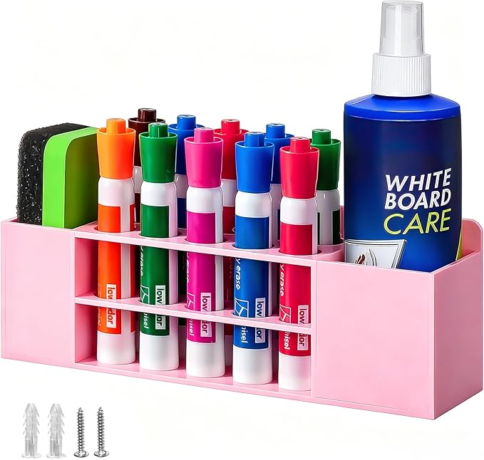 Magnetic Dry Erase Marker Holder for Whiteboard, Wall Mount Pen Holder for Refrigerator, Clear Pencil Holder for Fridge, Strong Magnet Locker Organizer for Classroom(Pink)